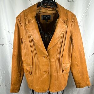 Portrait Brown Leather Jacket Button-Up Stitched Pleating Pockets Buttery Soft